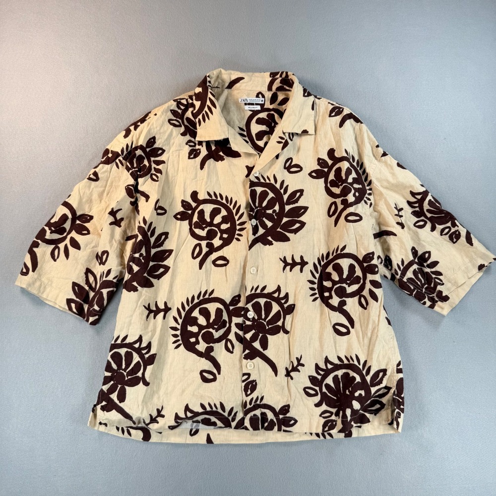 Zara Man Relaxed Fit Short Sleeve Button Down Shirt Floral Paisley Cream Brown M